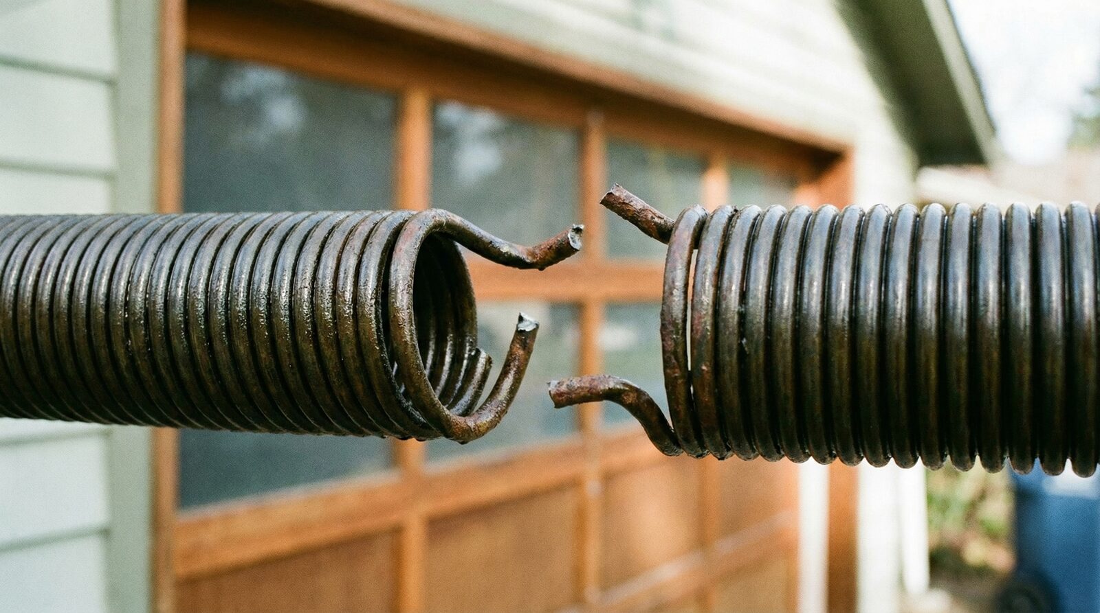 Broken garage door spring showing metal fatigue and wear damage