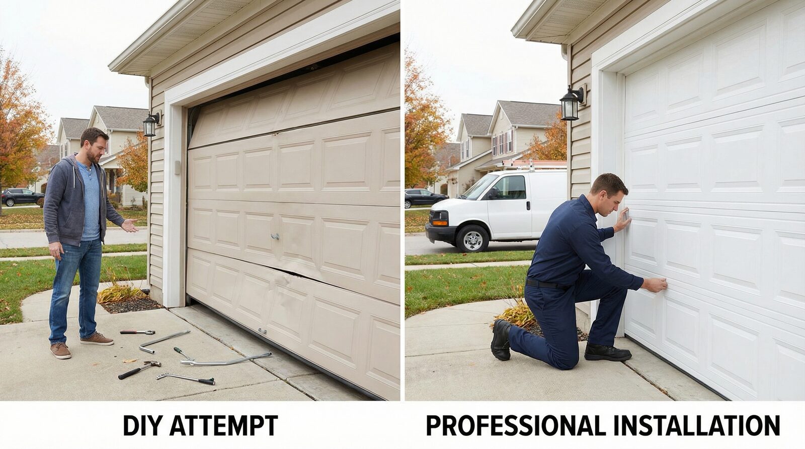 Comparison showing damaged garage door from DIY attempt versus professional installation