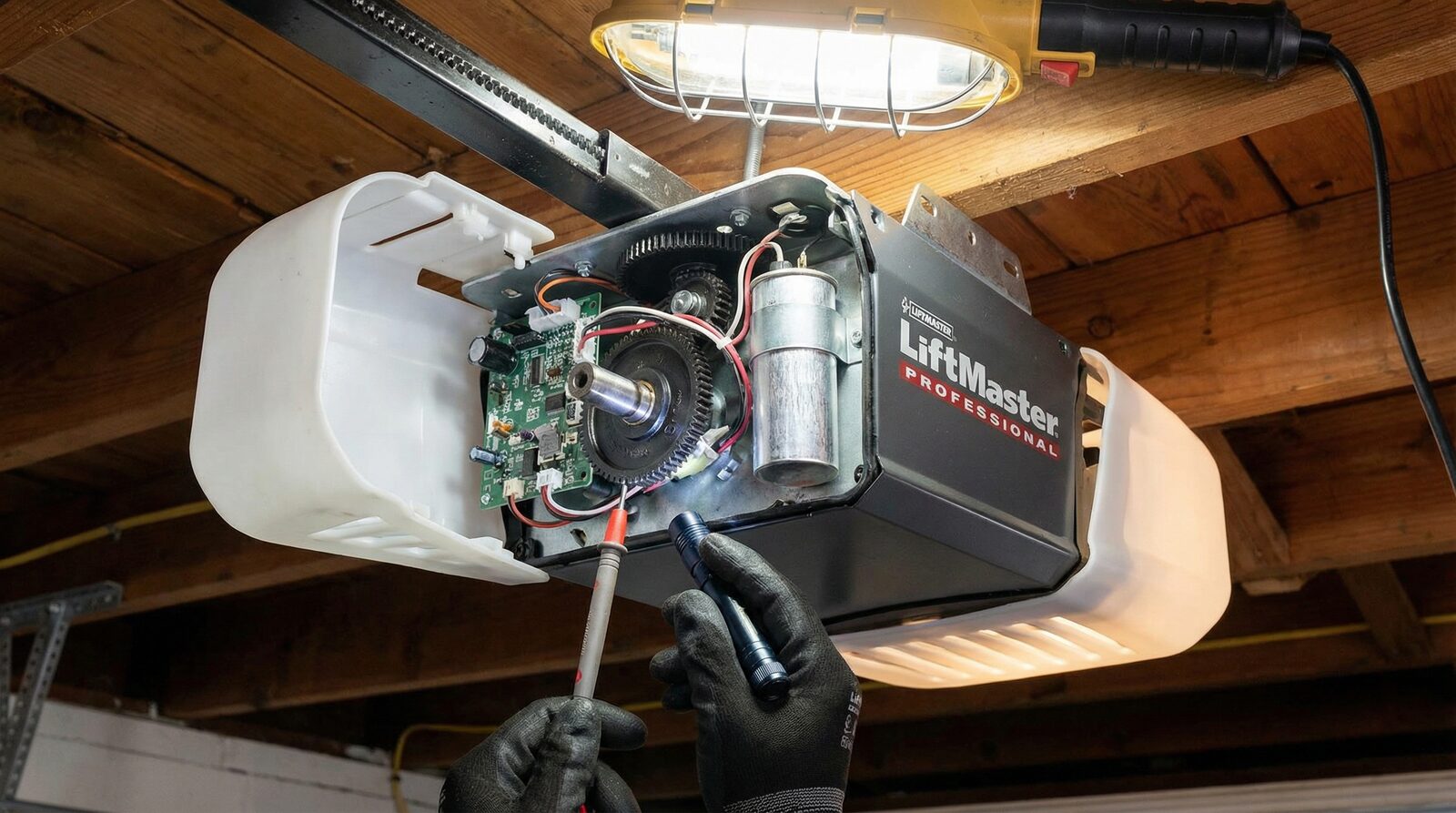 garage door opener motor showing internal gears and belt system
