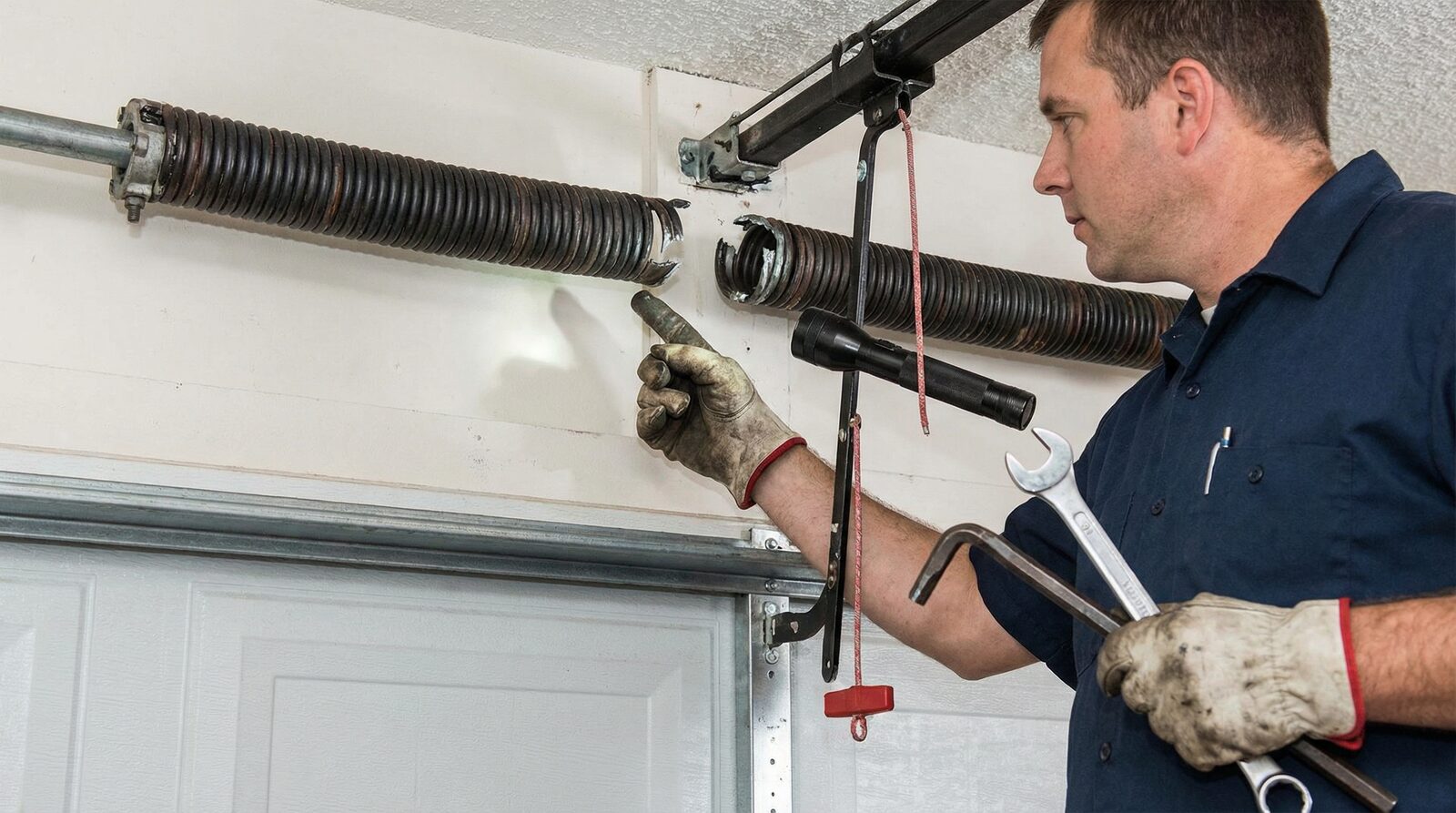 Garage door technician examining broken spring mechanism close-up