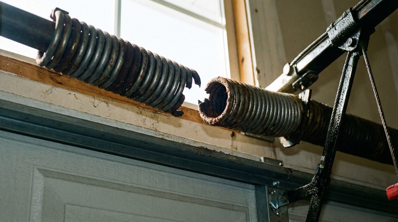 Broken garage door spring close-up showing gap in coil