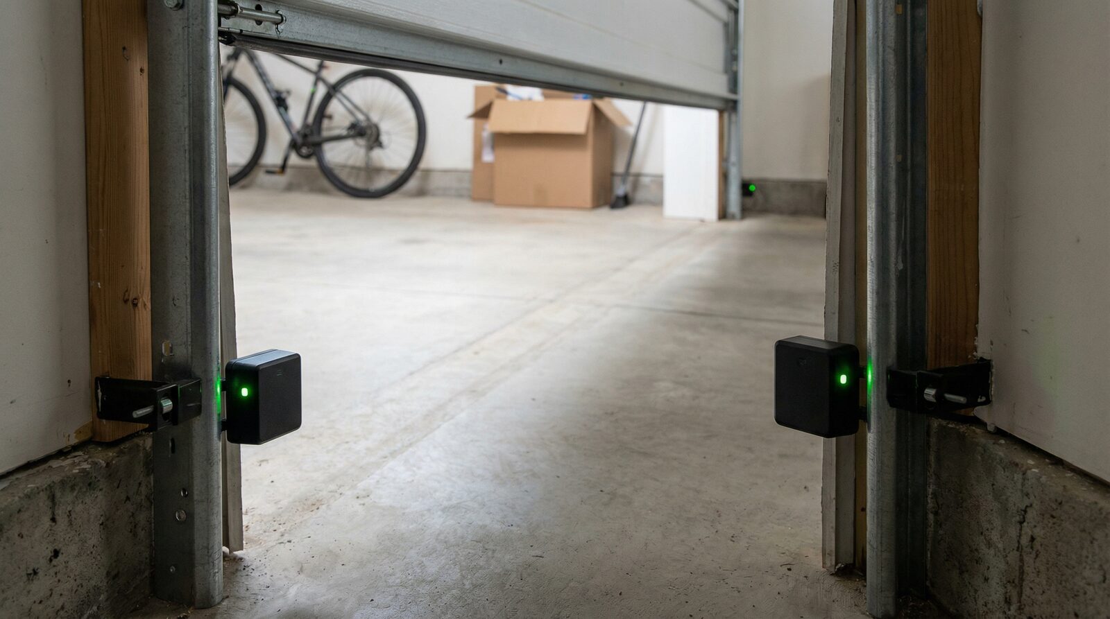 Garage door safety sensors properly aligned at the bottom of door frame