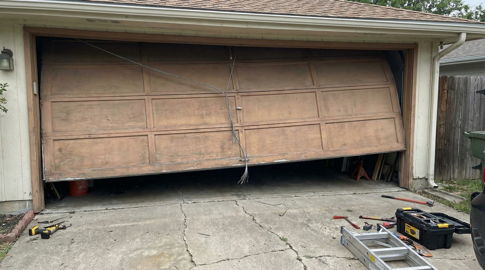 Tilted garage door due to broken cable requiring repair in Philadelphia