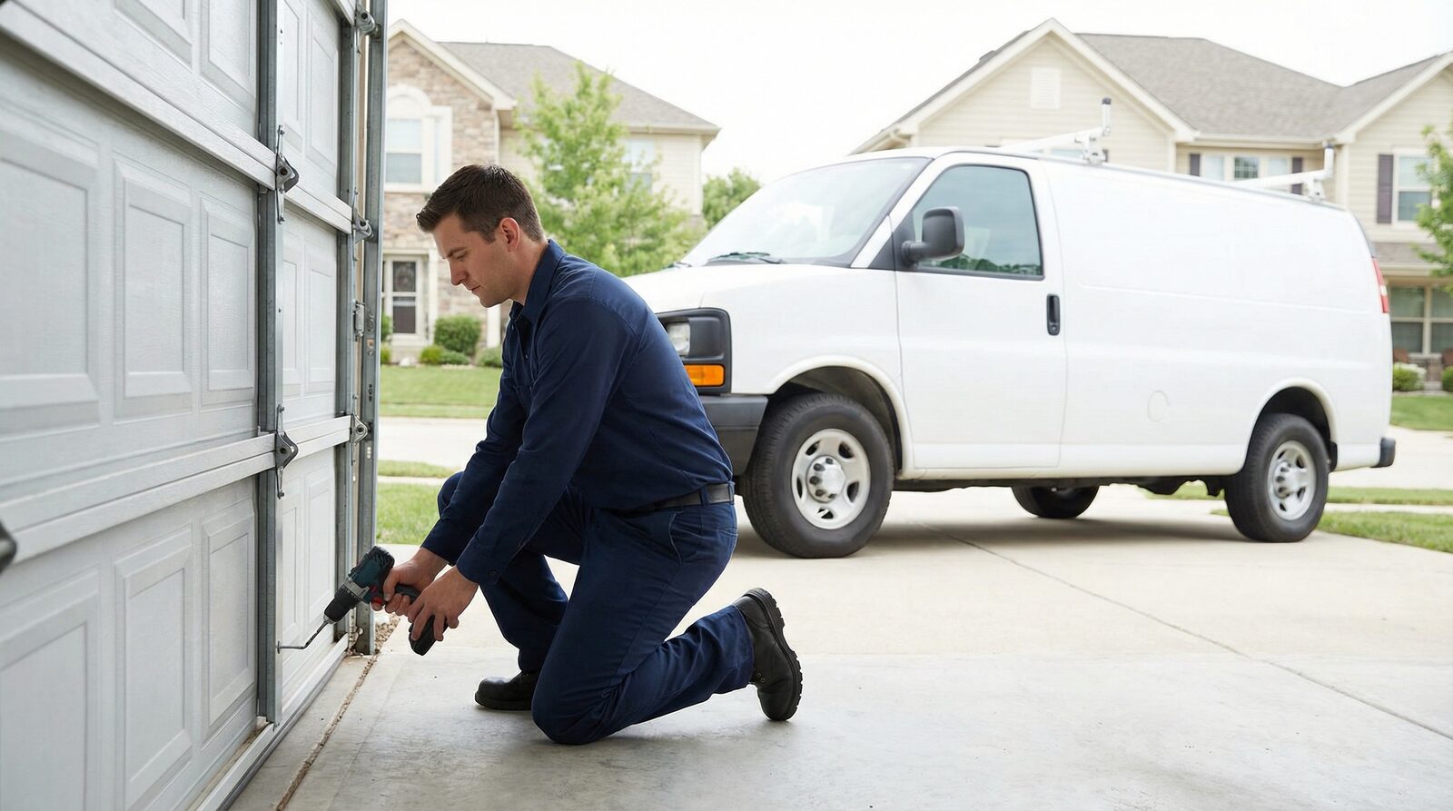 Professional garage door technician working