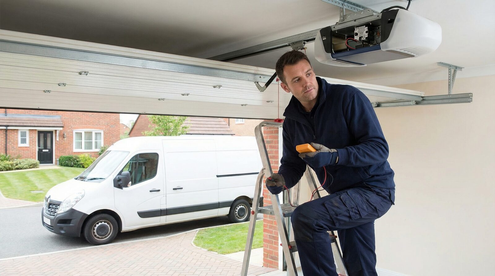 professional garage door technician inspecting motor components