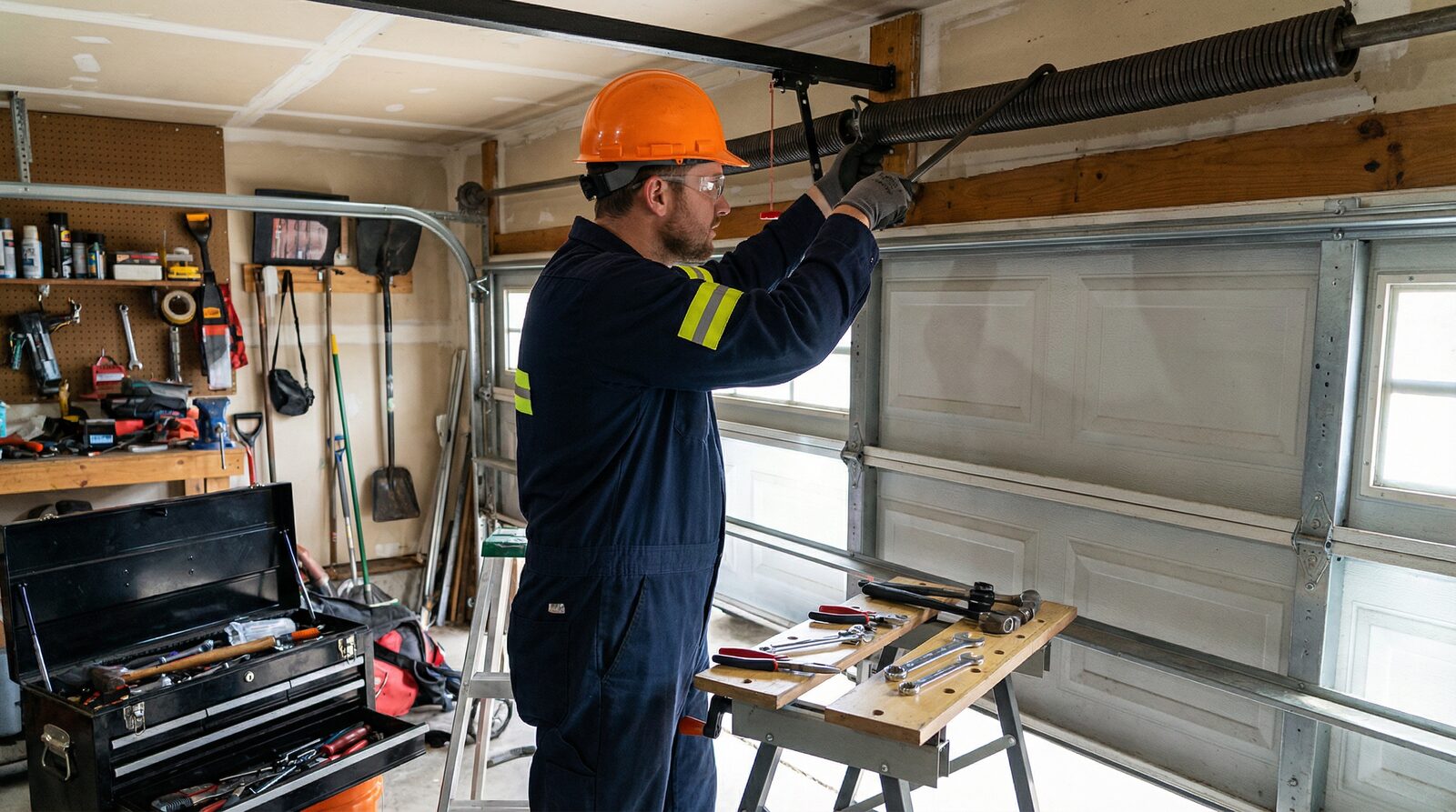 Professional technician repairing garage door spring safely