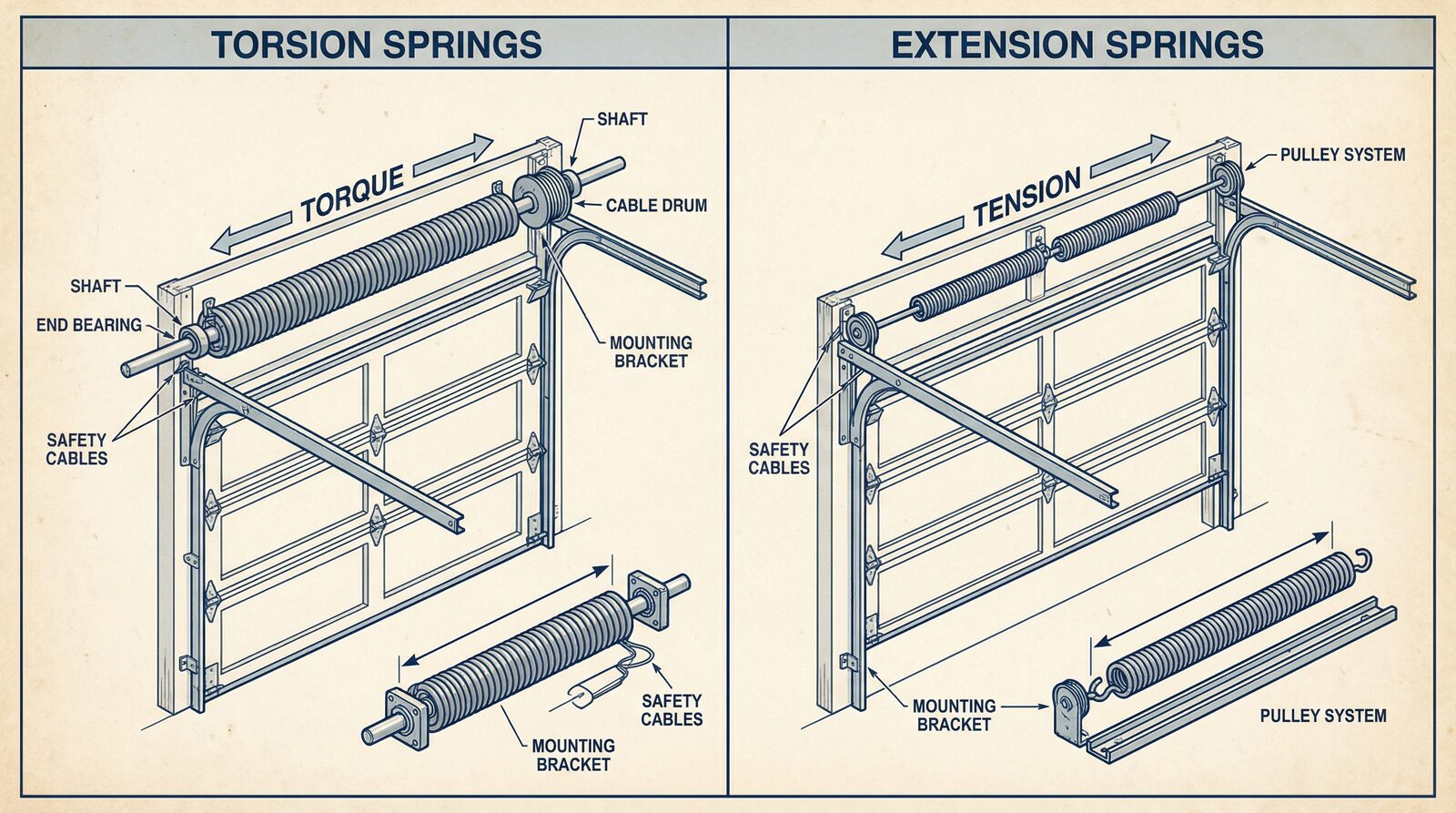 Comparison of torsion and extension garage door springs
