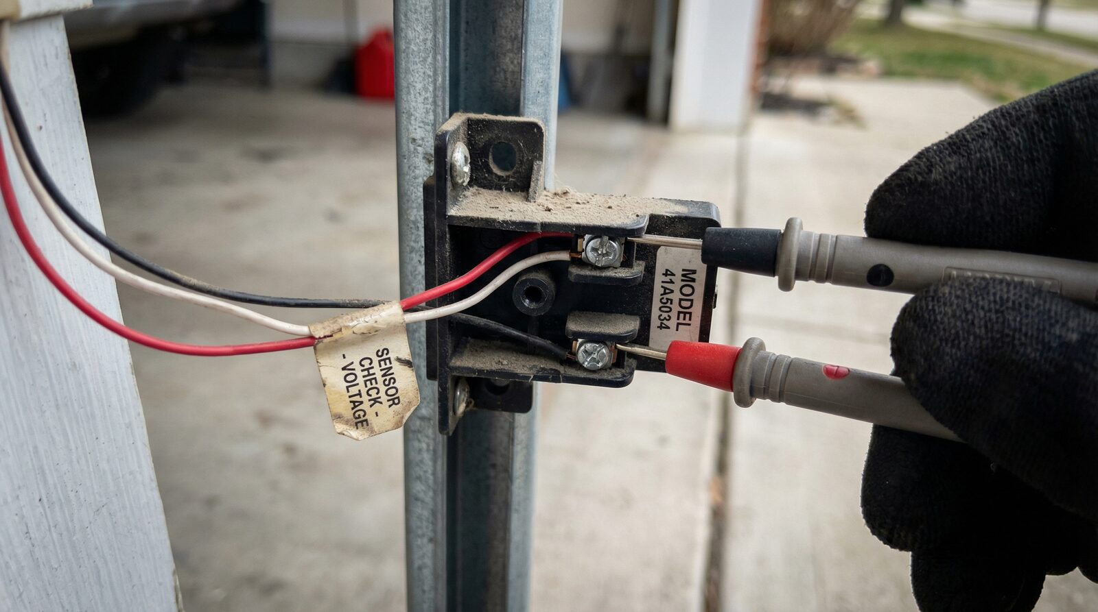 Garage door sensor wiring inspection showing electrical connections and wire terminals