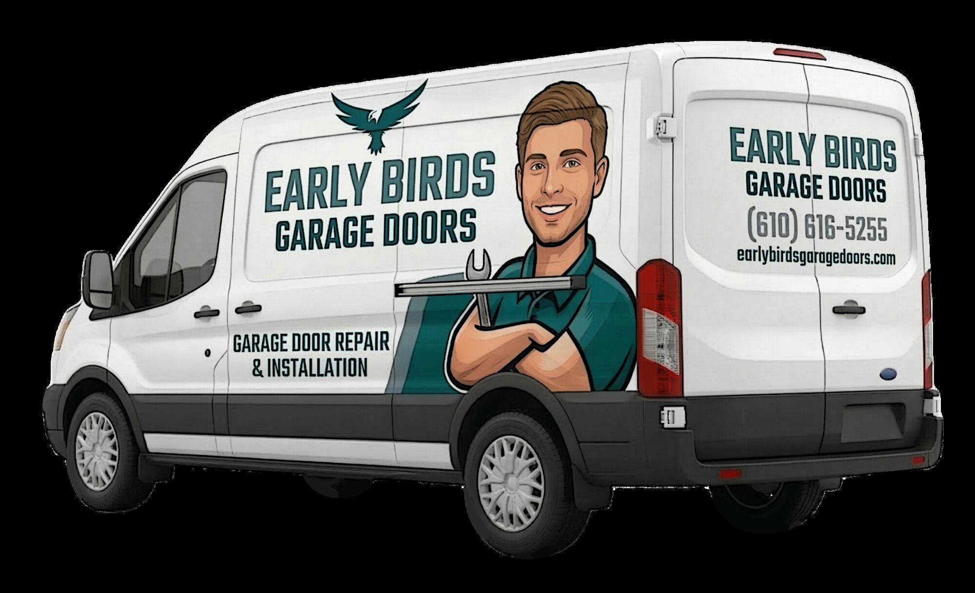 Early Birds Garage Doors branded service van fully equipped for same-day garage door repair and installation.